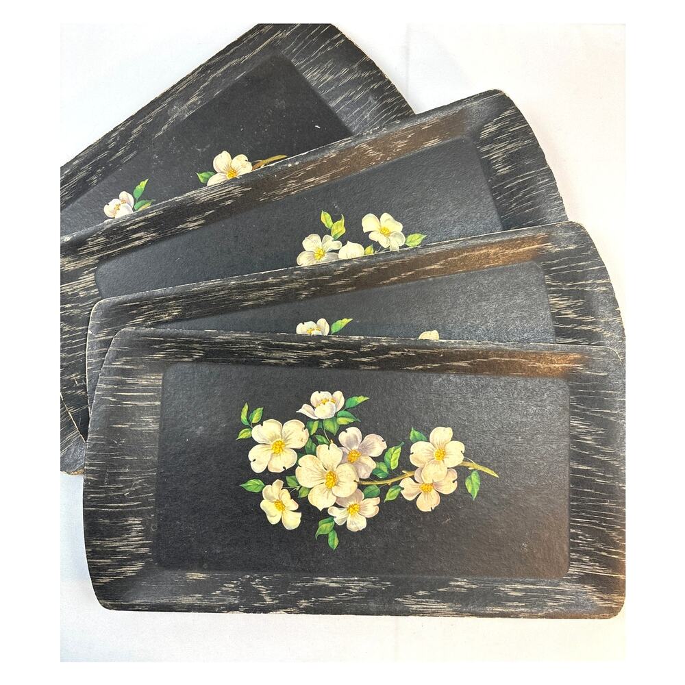 Vintage 1950s Kentley White Floral Apple Blossom Black Tray Set of 4 Made in USA